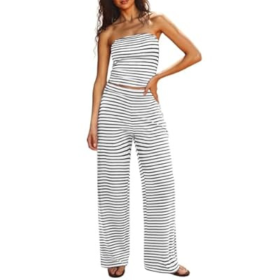 UNCOOYEE Two Piece Sets For Women Summer Outfits Lounge Sets Striped Tube Top And Pants… | Amazon (US)