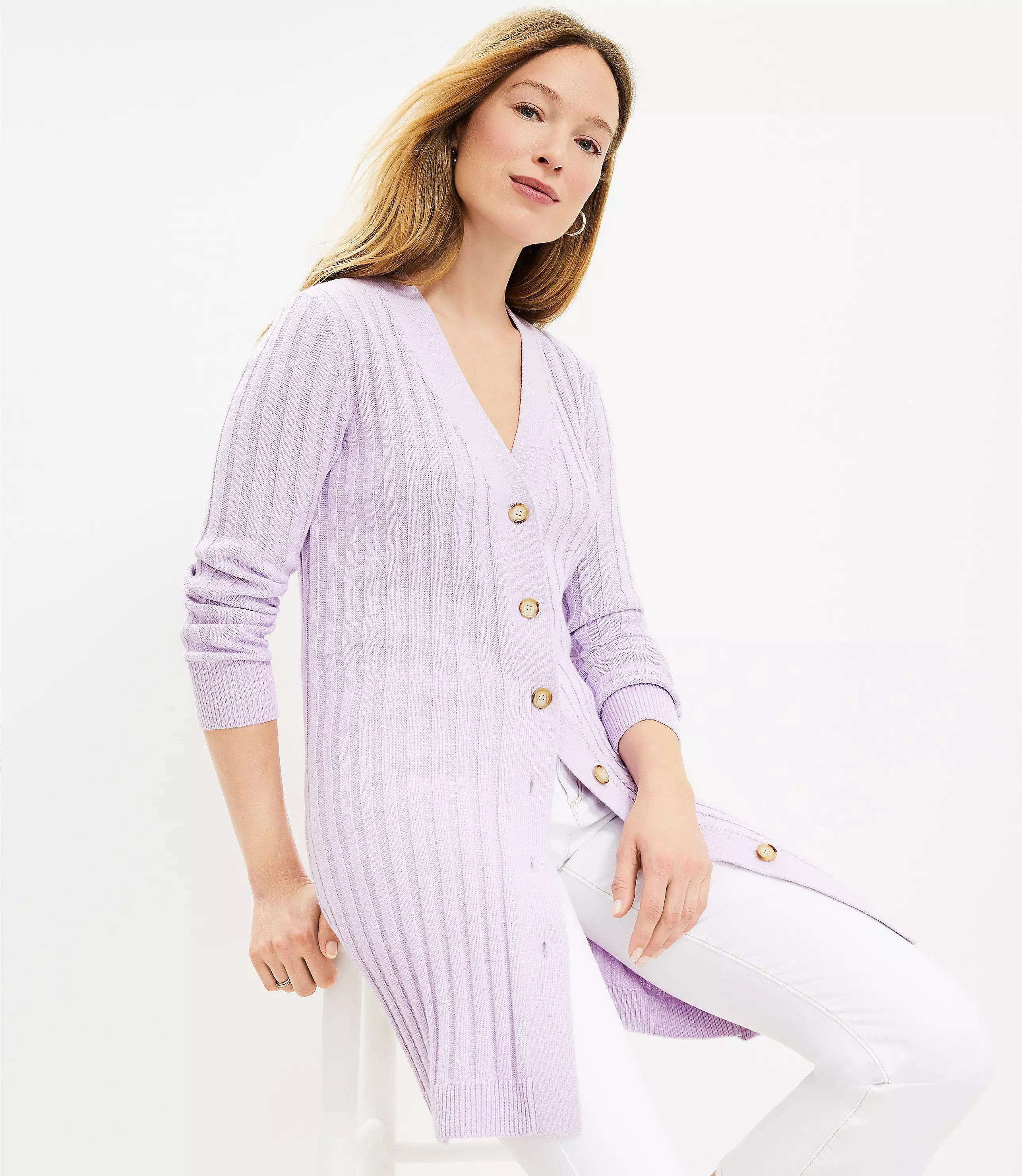 Long Ribbed V-Neck Cardigan | LOFT