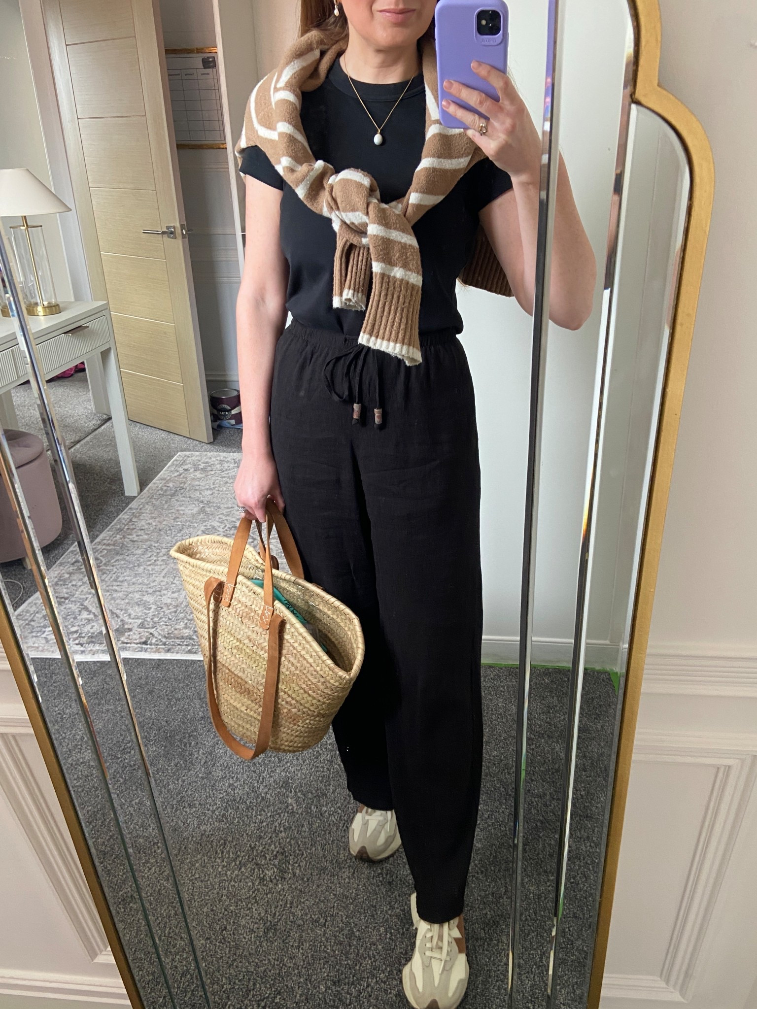 Farmers Market Outfit 👒🥕🥐| Casual weekend look featuring a classic black tee, relaxed linen trousers, and my comfy New Balance. Styled with a striped knit over the shoulders for a cosy touch and my basket bag for that effortless chic vibe. #LTKSpring #LTKStyle #FarmersMarketFit #WeekendOutfit #ComfyChic #LinenPants #CasualOOTD #StrawBagStyle #SpringLayers #LTKSeasonalStyle

#LTKFindsUnder50 #LTKSeasonal #LTKOver40