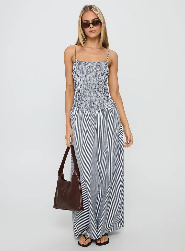Kosie Shirred Maxi Dress Blue Stripe | Princess Polly US