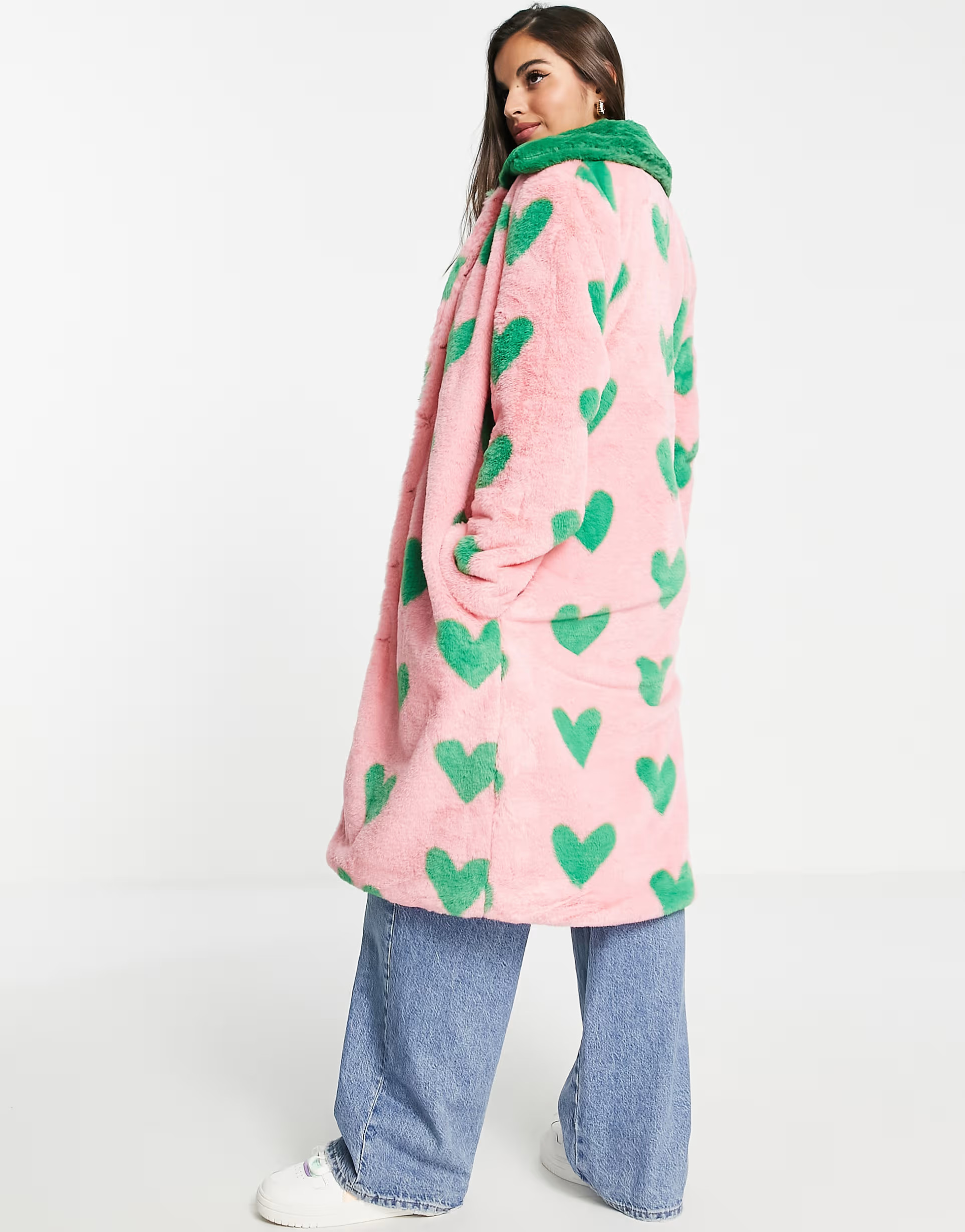 Daisy Street longline faux fur coat in contrast heart print | ASOS (Global)