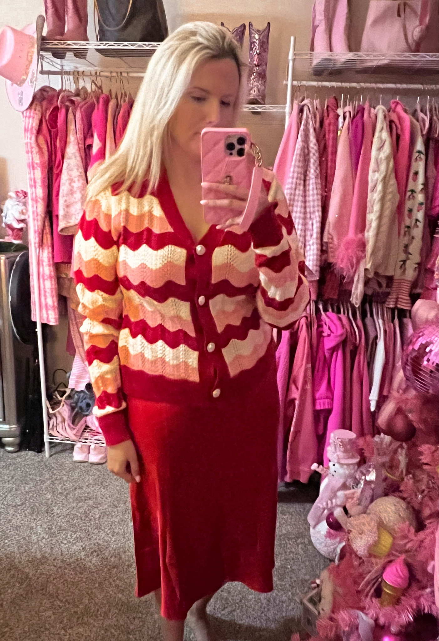 Red and light pink cardigan sweater 
Red satin skirt Christmas outfit Holiday outfit 
Christmas party outfit
Work party outfit 
Valentine’s Day outfit 

#LTKParties #LTKHoliday #LTKFindsUnder100