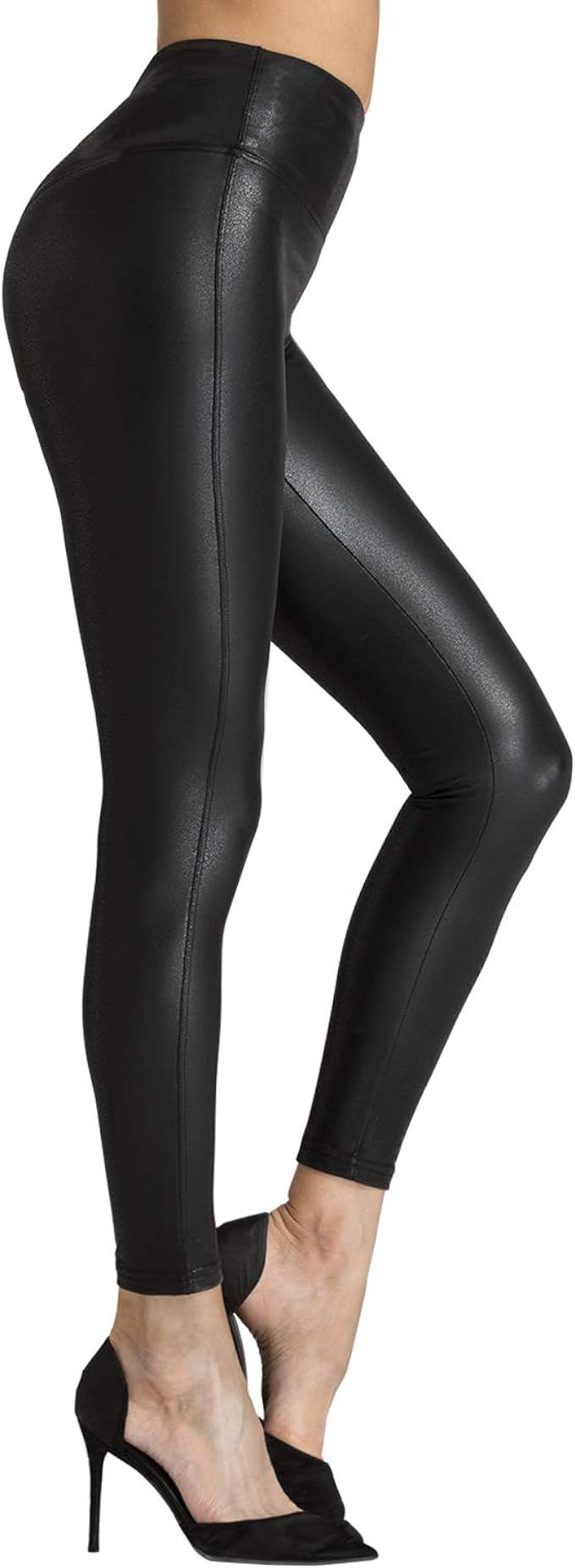 Booty GAL Faux Leather Leggings for Women High Waist Pants Black Elastic Tights (Sparkly Black, M... | Amazon (US)