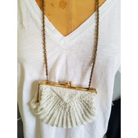 Elegant White Glass Bead Evening Bag, Clam Shell Shaped, Kiss Clasp, Gold Tone Hardware, Hand Beaded | Etsy (US)