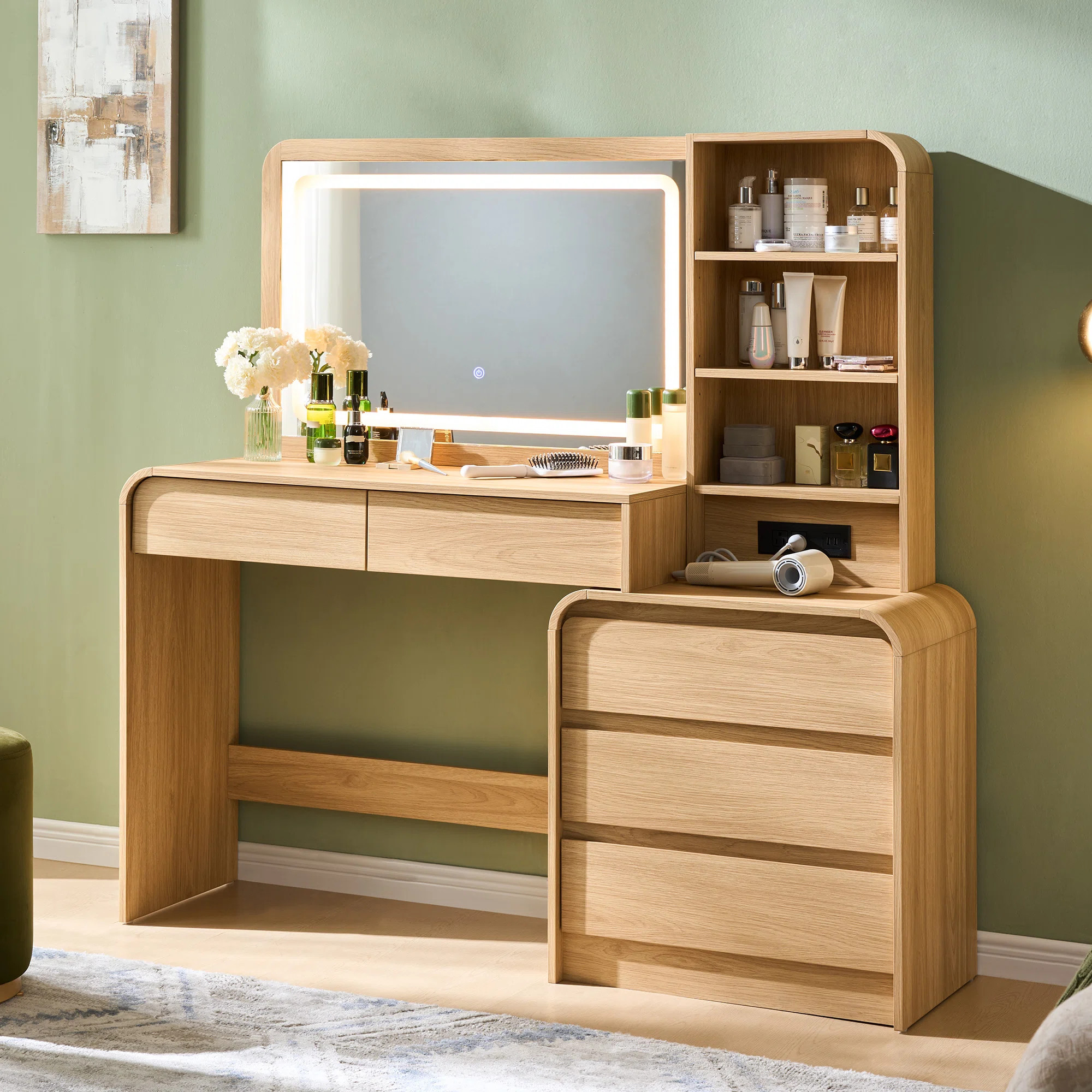 Maud Modern Makeup Vanity Desk with LED Lighted Mirror & Power Outlet & 5 Drawers, Makeup Table w... | Wayfair North America