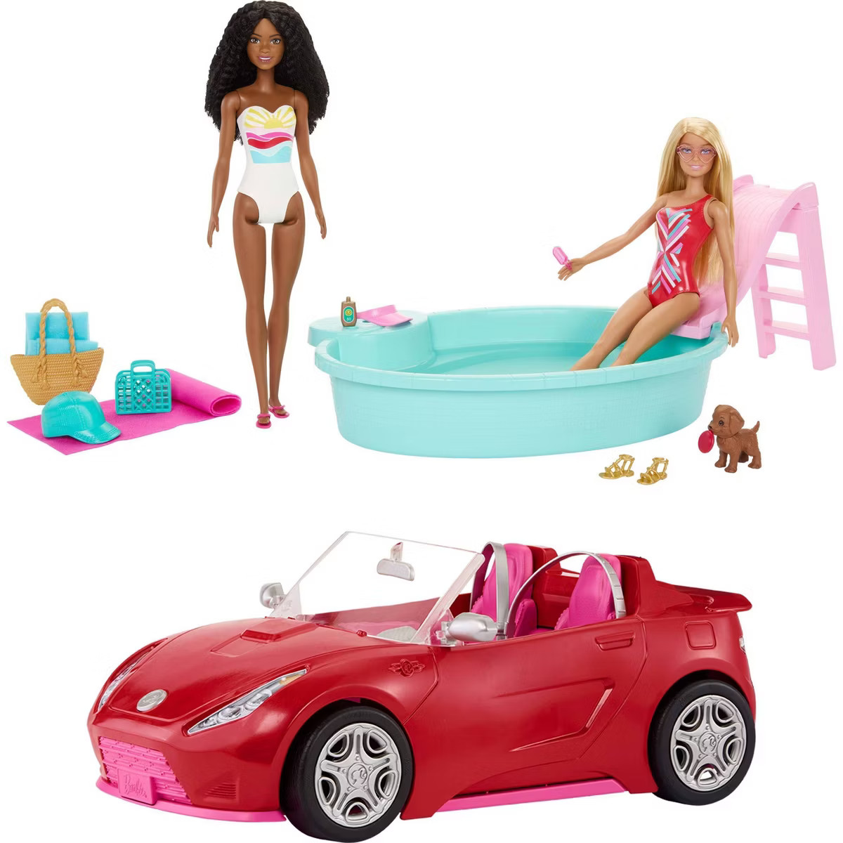 Barbie Playset with 2 Fashion Dolls, Convertible Toy Car, Pool with Slide & 15 Accessories Includ... | Target