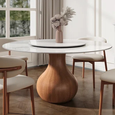 Mid-Century Modern Farmhouse Round Sintered Stone Pedestal Dining Table With Lazy Susan For 4/6/8/10 | Wayfair North America