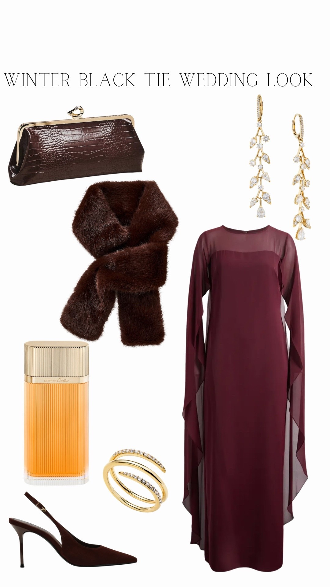 Black Tie Wedding Guest Dress

Cape Gown: Lauren Ralph Lauren (Georgette Column Gown)
Brown Suede Slingback: Schutz (Alicia Suede Slingback Pump)
Croc Vegan Leather Clutch: Anthropologie (Claire Clutch)
Gold Drop Earrings: Nadri (Olivia Drop Earrings)
Gold Ring: Ana Luisa (Claw Ring - Oren Triple)
Perfume: Cartier (Must de Cartier)
Brown Faux Fur Scarf: Anthropologie

#LTKWedding #LTKSeasonal #LTKgrwm