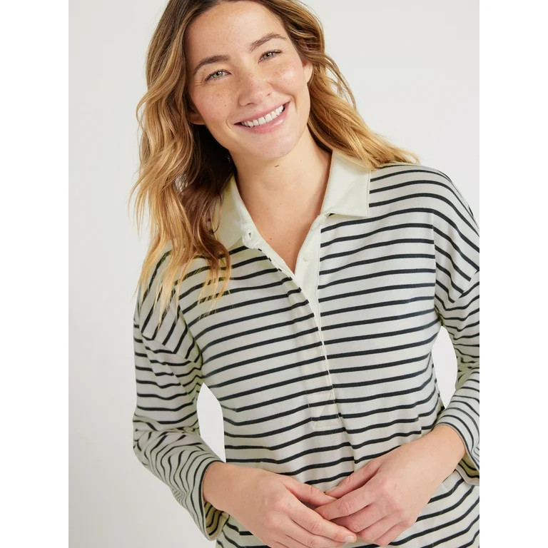 Free Assembly Women’s Striped Polo Mini Dress with Long Sleeves, Sizes XS-XXL | Walmart (US)