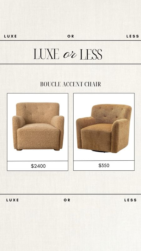 Luxe or Less: Boucle Accent Chair!

Gorgeous on either budget!

boucle chair, mcgee &co accent chair, mcgee & co finds, boucle accent chair, affordable accent chair, camel accent chair, luxury furniture, budget friendly furniture 

#LTKhome