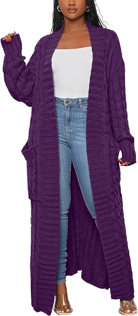 Women Long Sleeve Open Front Knit Long Cardigan Casual Knitted Maxi Sweater Coat Outwear with Pocket | Amazon (US)