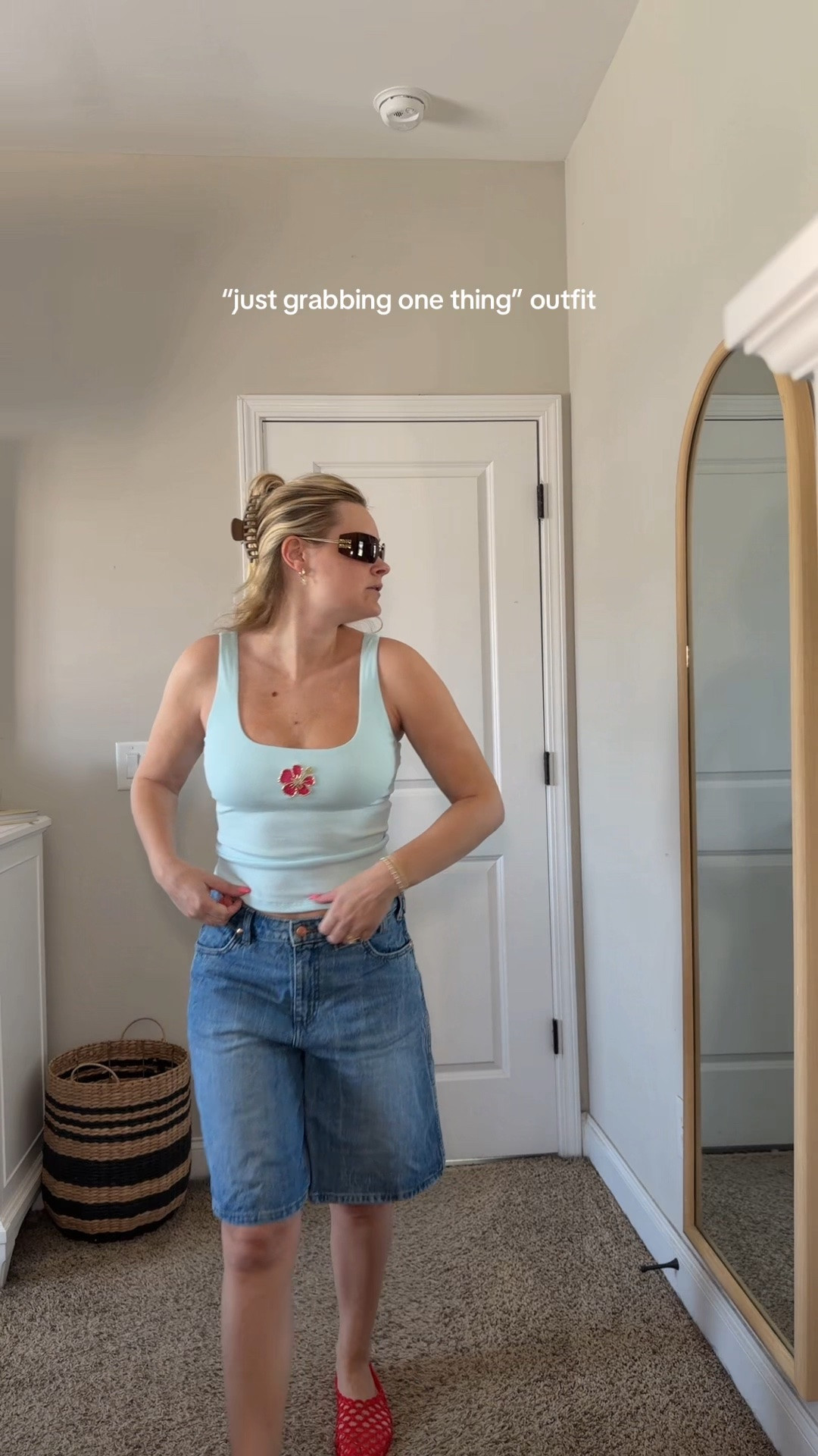 Summer outfit, summer ootd, tank top, beaded tank top, Bermuda shorts, jelly sandals

#LTKootd