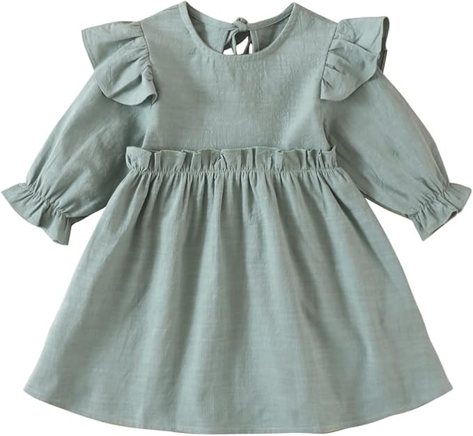POPOLAR Toddler Baby Girl Cotton Linen Dress Long Sleeve Solid Color Casual Spring Fall Dresses 1... | Amazon (US)