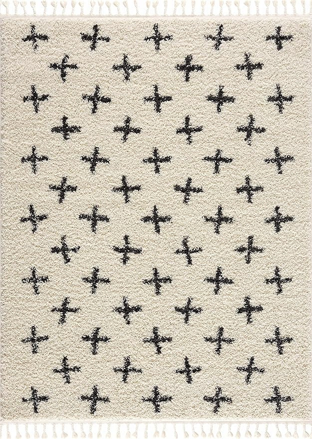 Alstead Farmhouse Swiss Cross Geometric Shag Area Rug - High Pile Super Soft Rug with Tassels for... | Amazon (US)