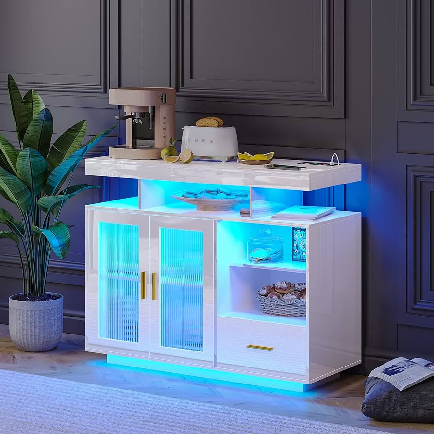 WOOVIVS 39.4" Modern LED Sideboard Buffet Cabinet with Charging Station, High Glossy Cupboard wit... | Amazon (US)