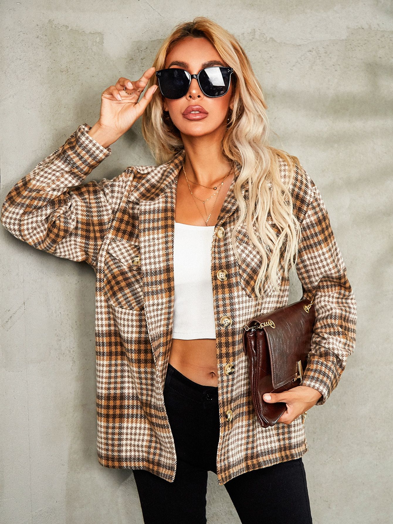 Button Front Patch Pocket Plaid Coat | SHEIN