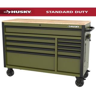 Standard-Duty 52 in. W 10-Drawer Matte Army Green Mobile Workbench Cabinet with Solid Wood Top | The Home Depot