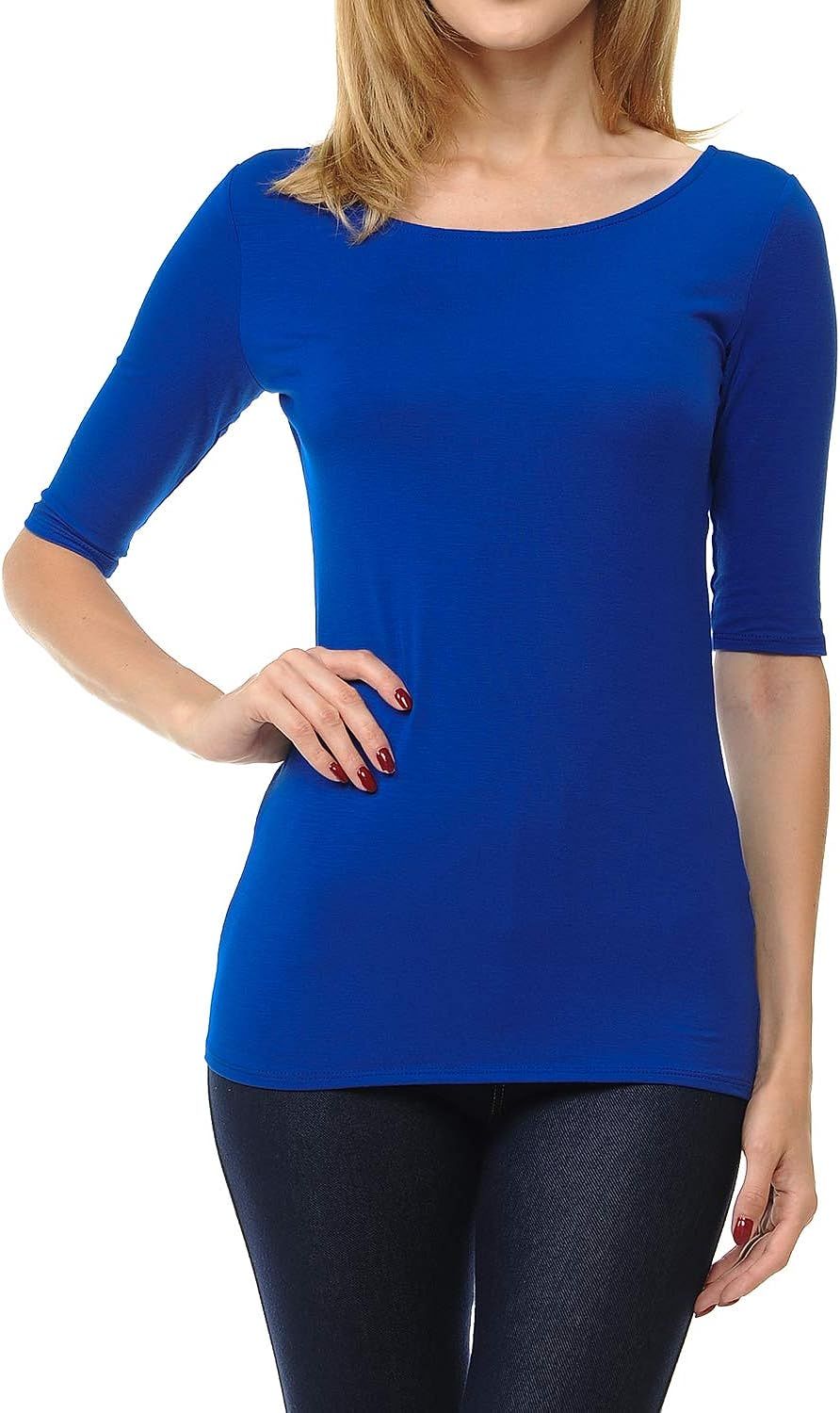 SSOULM Women's Basic Stretchy 1/2 Sleeve Crewneck Slim Fit T-Shirt Top with Plus Size | Amazon (US)