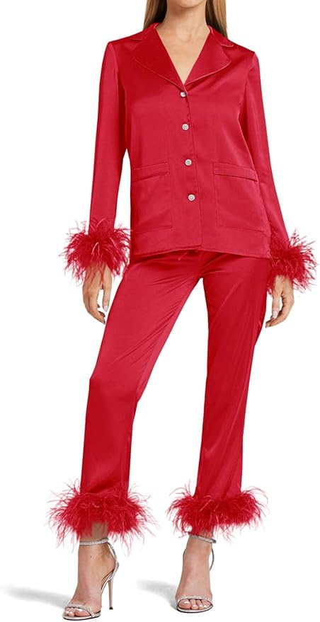 Women's Silk Satin Pajama Set Feather Trim Bridal Long Sleeve Pocketed Lounge Sets Sleepwear (Rem... | Amazon (US)