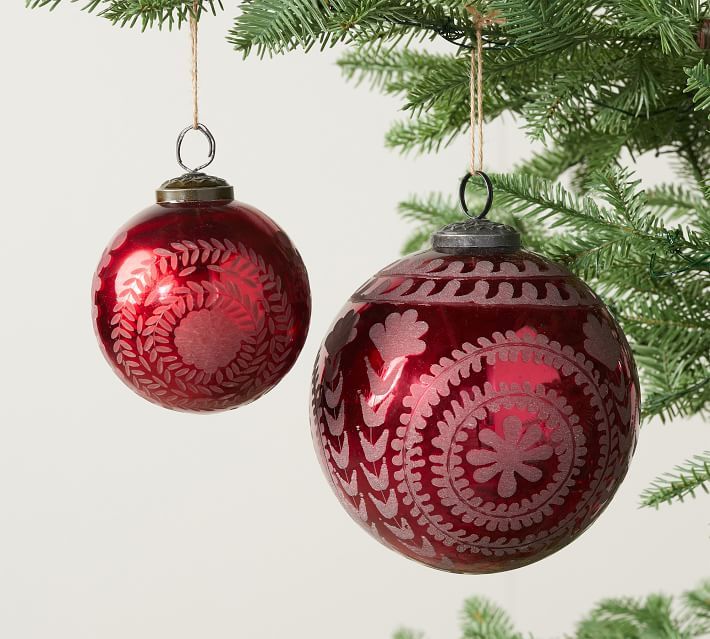 Etched Mercury Glass Ornament Sets - Red | Pottery Barn (US)