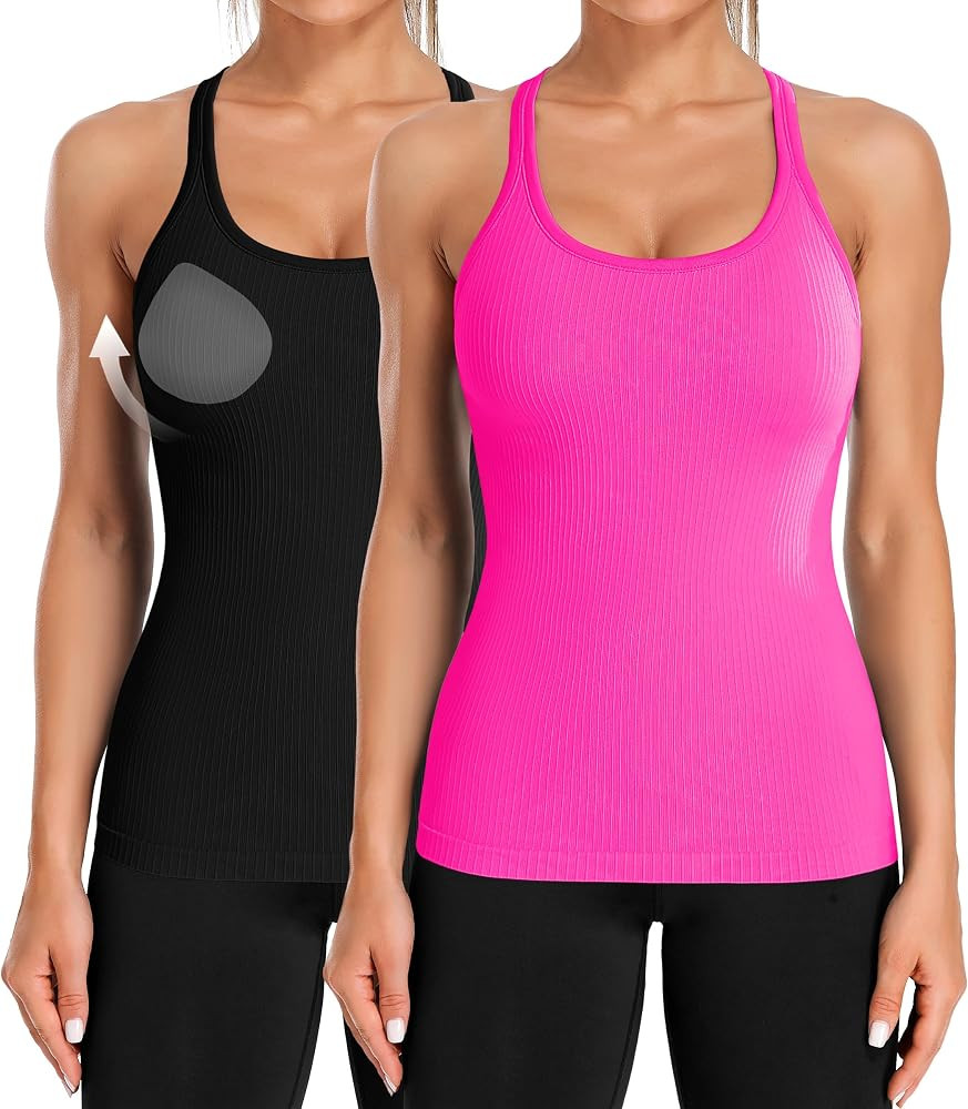 ATTRACO Ribflex 2 Pack Ribbed Workout Tank Top with Built in Bra for Women Seamless Yoga Top Slim... | Amazon (US)