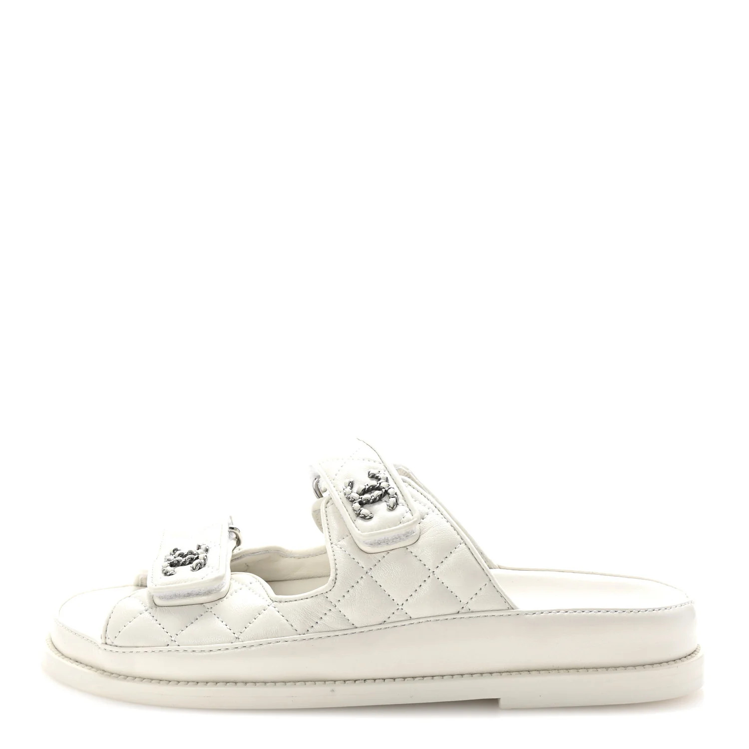 Lambskin Quilted Velcro Dad Chain CC Slide Sandals 37.5 White | FASHIONPHILE (US)
