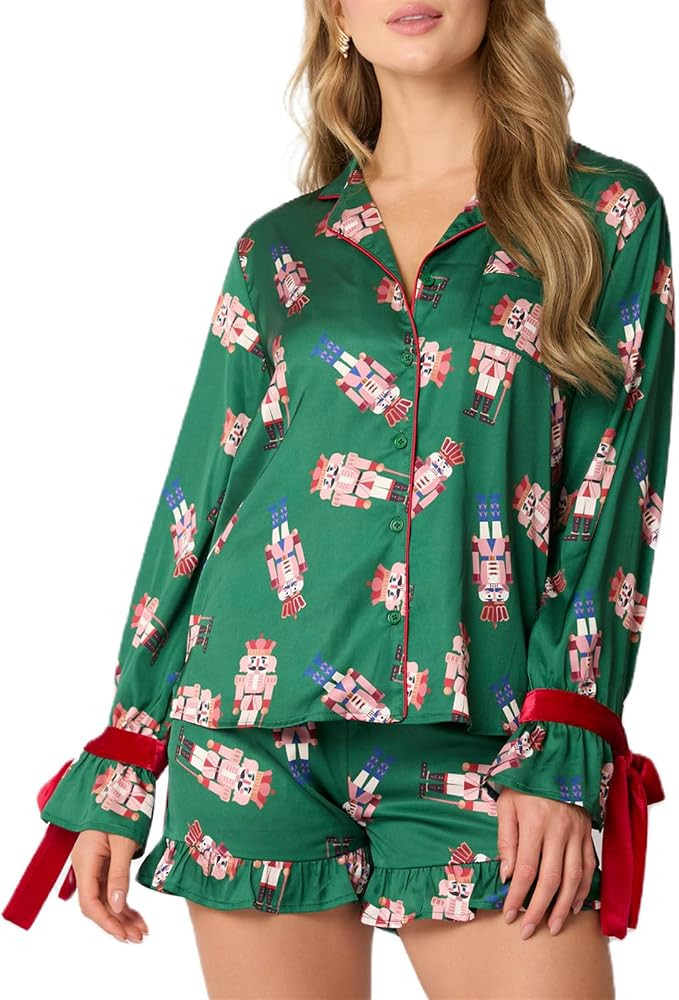 Womens Christmas Pajamas Shorts Set Button Bow Tie Long Sleeve Shirt Ruffle Shorts 2 Piece Pjs Lo... | Amazon (US)