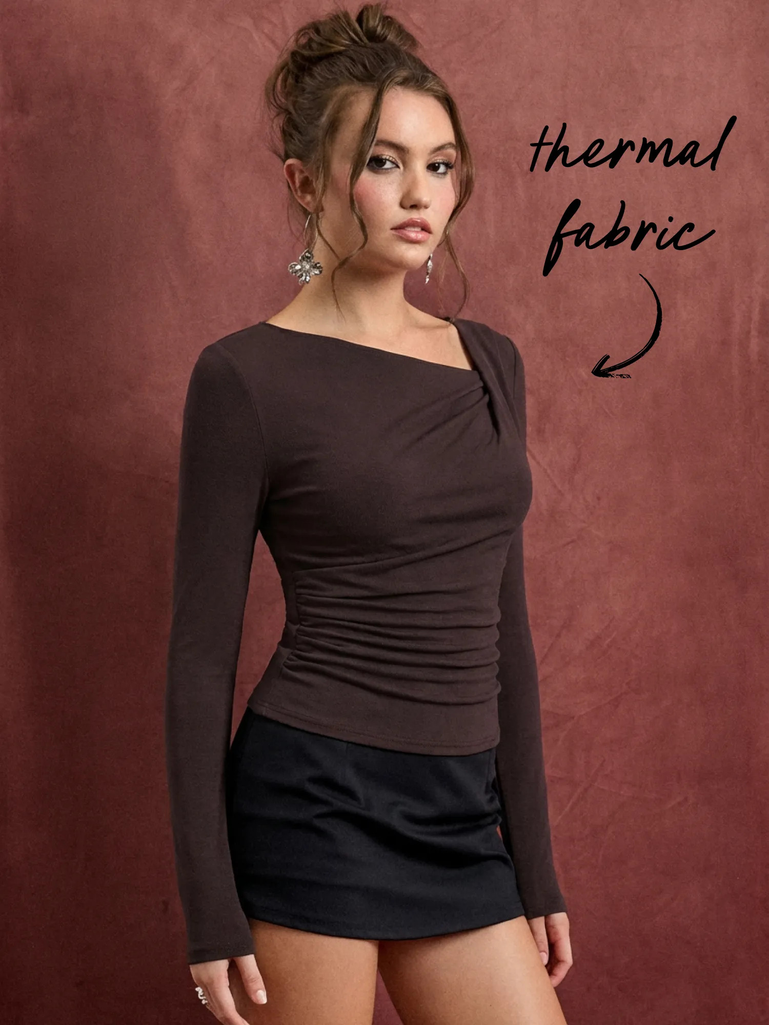 Knit Fabric Thermal Cotton-blend Asymmetrical Neck Long Sleeve Ruched Top For Daily Casual | Cider