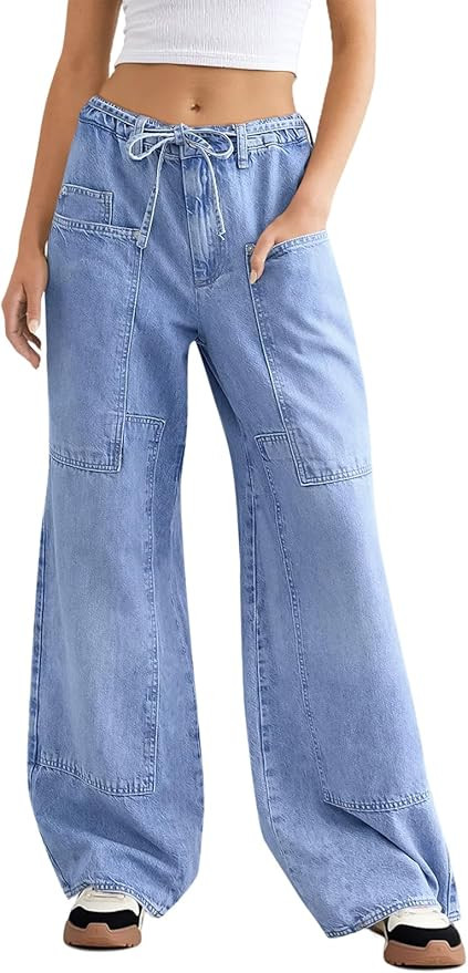 Cicy Bell Womens Wide Leg Jeans Vintage Mid Rise Baggy Boyfriend Belted Denim Pants with Pockets | Amazon (US)