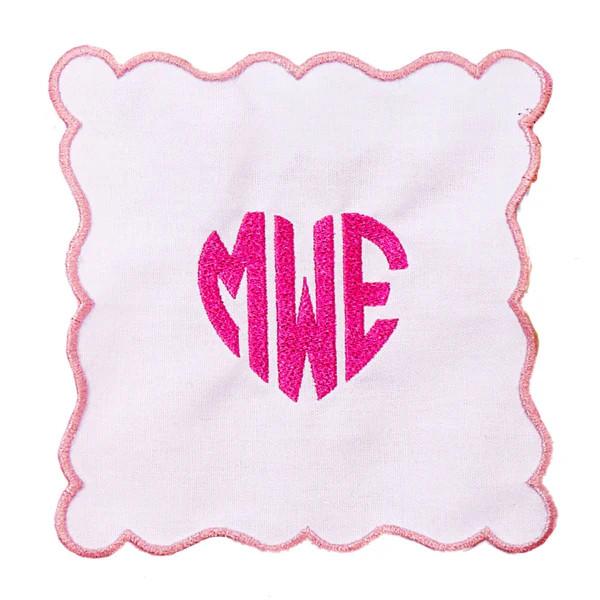 Embroidered Heart Monogram Scalloped Cocktail Napkins (Set of 4) | Sprinkled With Pink