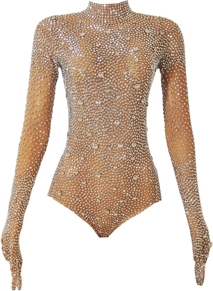 Women's Diva Rhinestone Costume with Gloves – Mesh Long Sleeve Bodysuit for Dance & Performance | Amazon (US)
