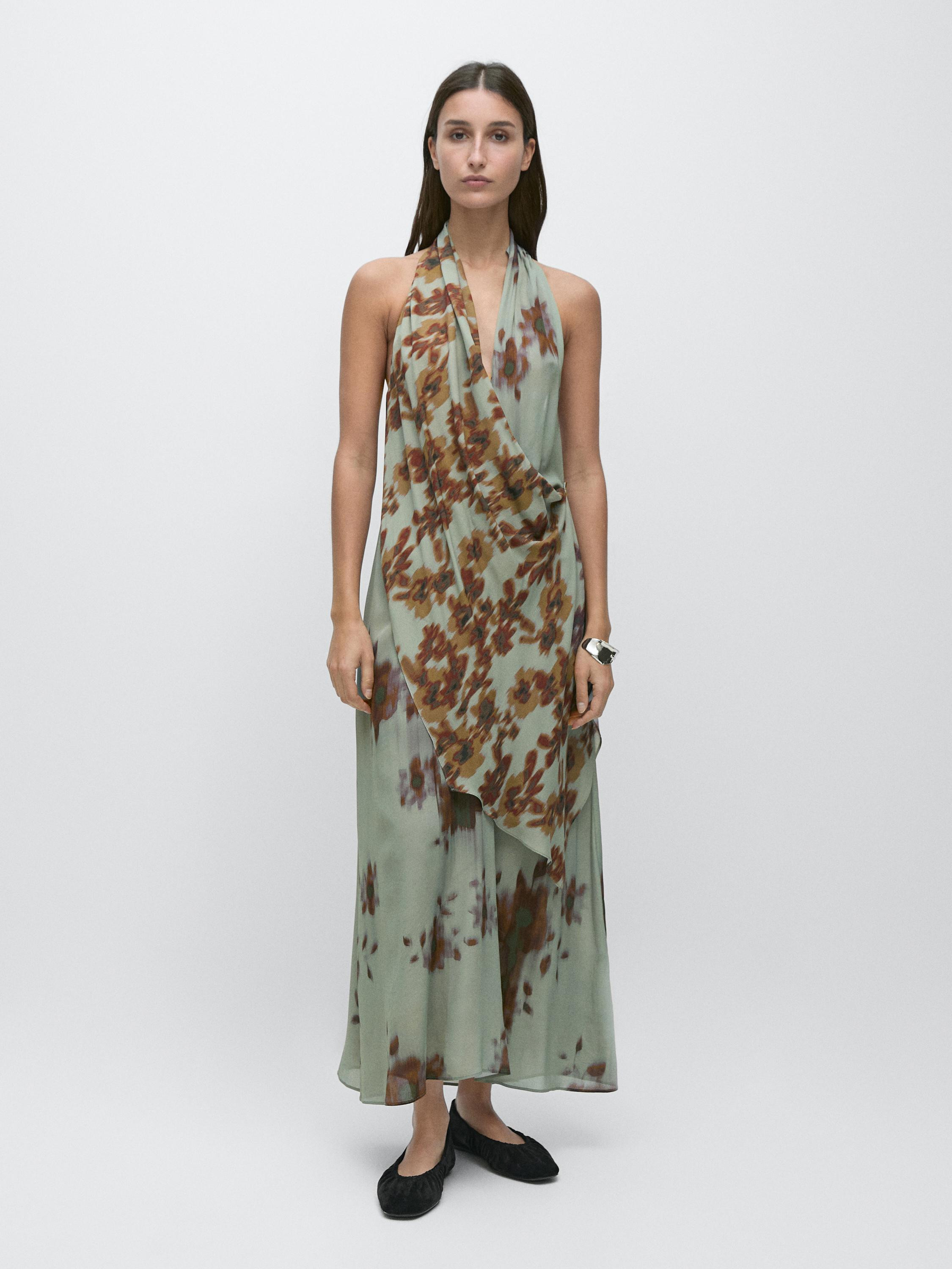 Printed halter midi dress | Massimo Dutti US