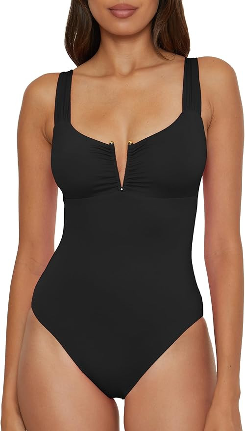 BECCA Women's Standard Color Code V-Wire Shirred One Piece Swimsuit, Plunge Neck, Bathing Suits | Amazon (US)