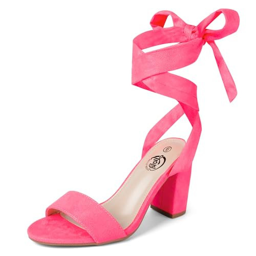 Trary Pink Strappy Tie Up Block Heels - Hot Pink 3 Inch Prom Shoes With Chunky Heels | Amazon (US)