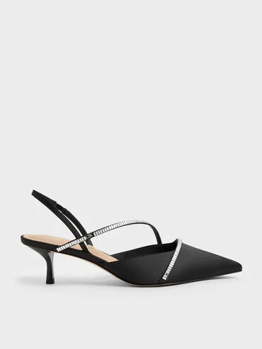 Black Textured Gem Slingback Kitten Heels | CHARLES & KEITH | Charles & Keith US