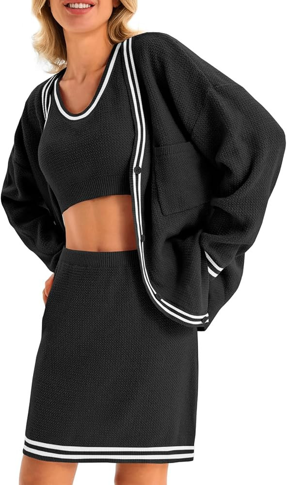 Fisoew Womens Sweater Sets Knit 3 Piece Casual Long Sleeve Button Cardigan High Waisted A Line Sk... | Amazon (US)