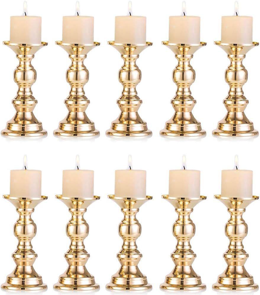 Set of 10 Gold Metal Pillar Candle Holders, Wedding Centerpieces Candlestick Holders for 2 inches... | Amazon (US)