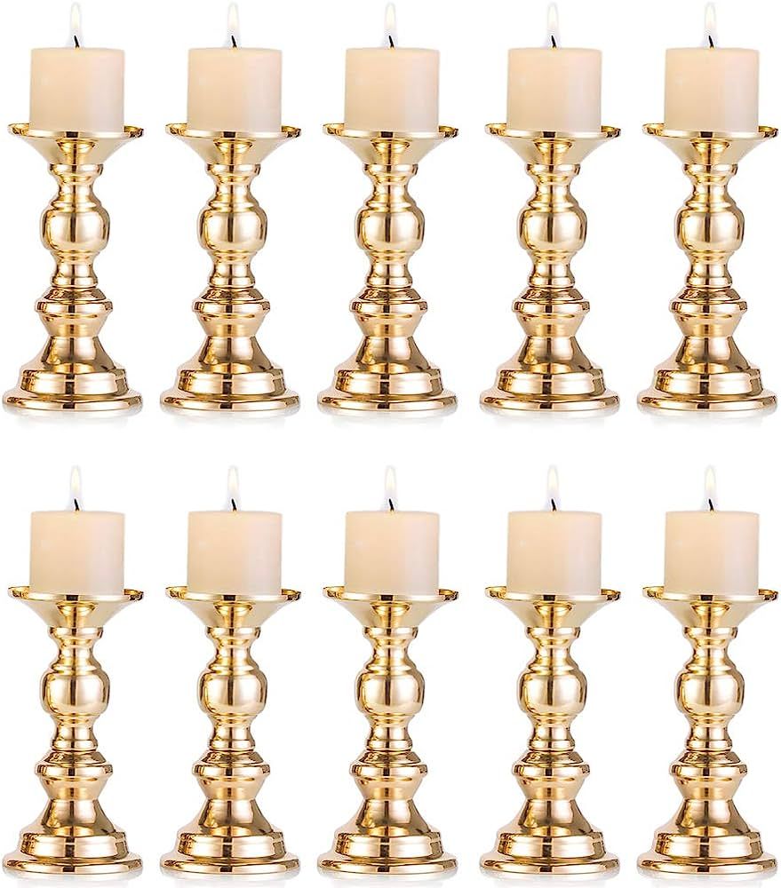Set of 10 Gold Metal Pillar Candle Holders, Wedding Centerpieces Candlestick Holders for 2 inches... | Amazon (US)