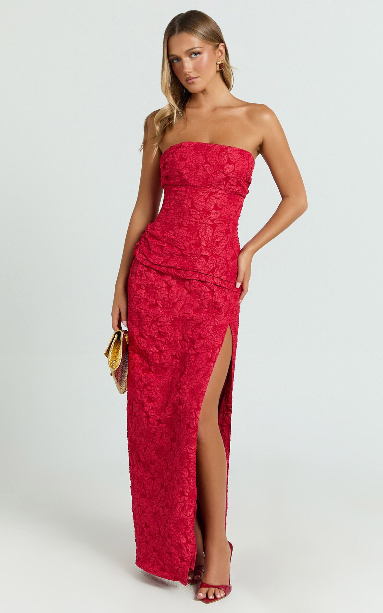 Berri Maxi Dress - Strapless Jacquard High Split Dress in Red | Showpo (US, UK & Europe)