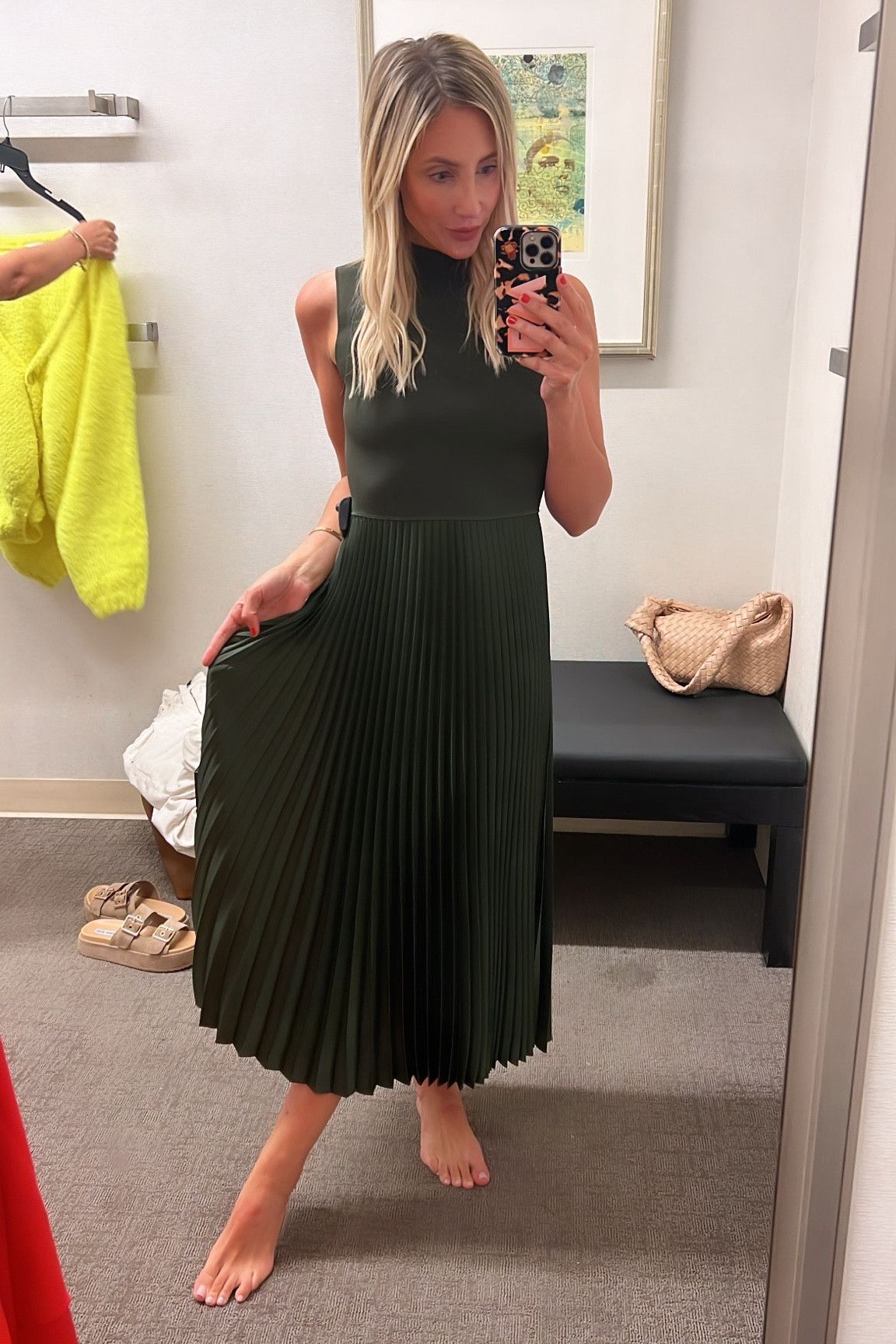 theory pleated sleeveless midi dress $595 Theory Women's Black High Neck Pleated Midi Fit & Flare Dress Size 00