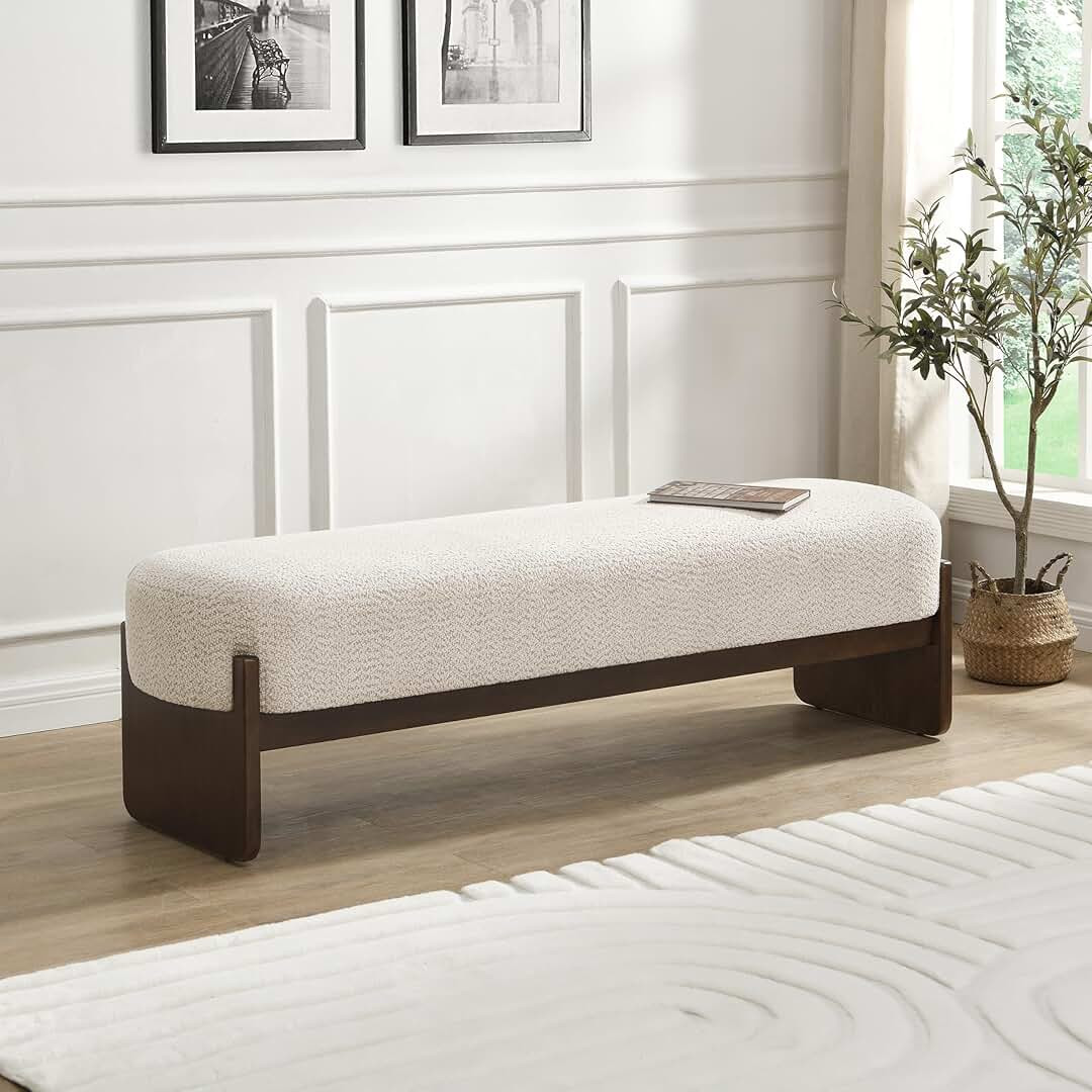Merax 64.17" End of Bed Bench, Loop Yarn Boucle Upholstered Bench Ottoman, Brown Rubberwood Feet, Elegant Beige Entryway Bench for Bedroom Living Room Hallway Entryway | Amazon (CA)