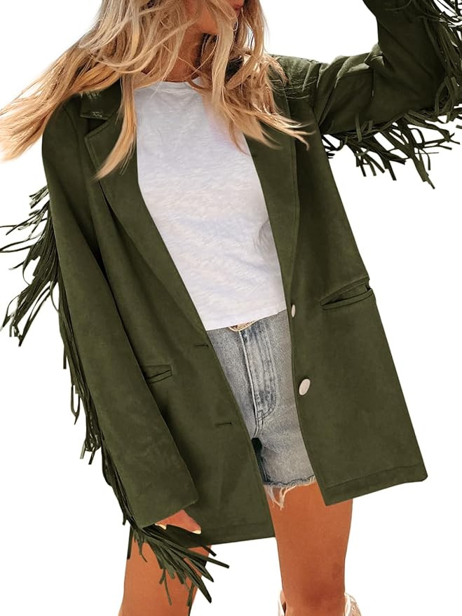 Cicy Bell Womens Faux Suede Fringe Jacket Casual Blazer Long Sleeve Lapel Button Front Suit Jacke... | Amazon (US)