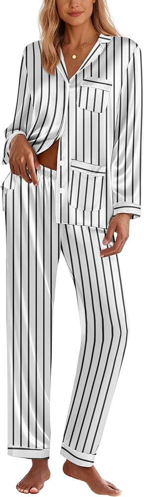 Ekouaer Silk Pajamas for Women Classic Button Down Satin Pajama Sets Long Sleeve Lounge Set | Amazon (US)