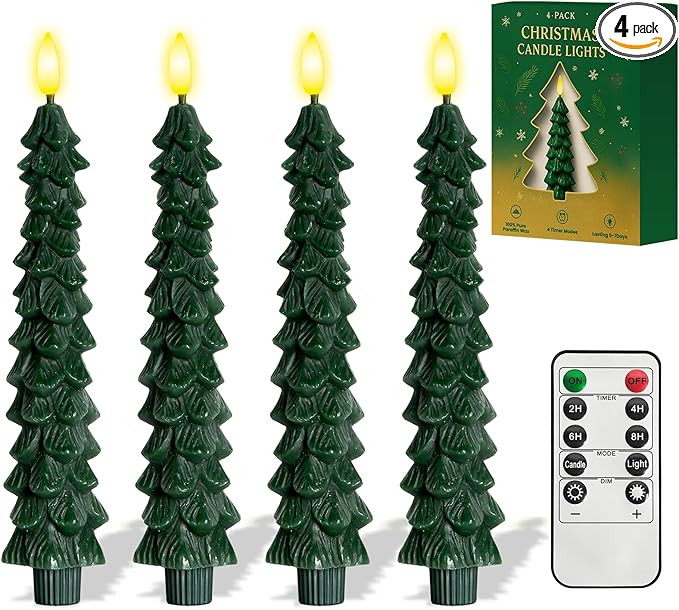 4 Pcs Christmas Tree-Shaped Flameless Taper Candles with Remote and Timer, 9.8'' Real Wax LED Win... | Amazon (US)