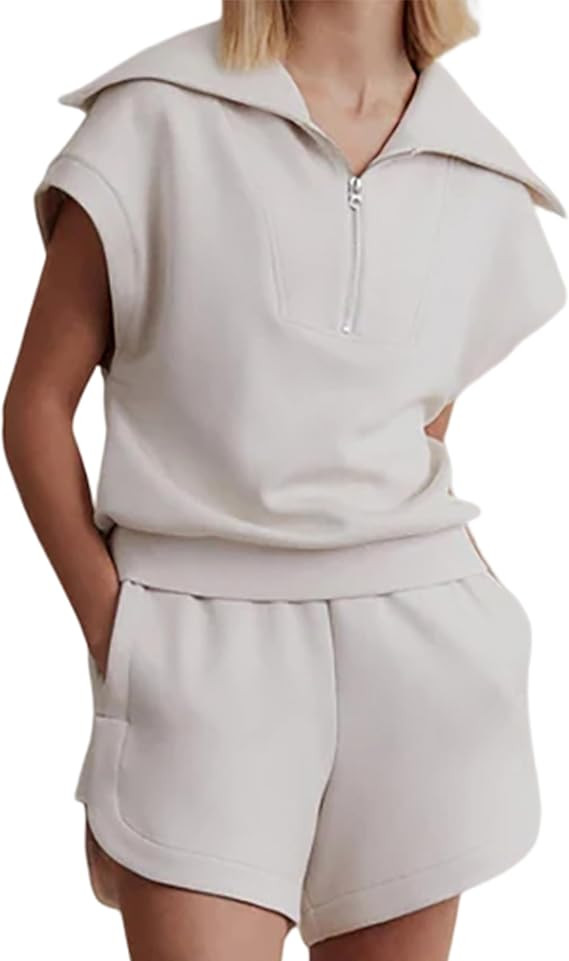 SAFRISIOR Women Casual Two Pieces Outfits Half Zip Lapel Collar Short Sleeve Sweatshirt high Wais... | Amazon (US)