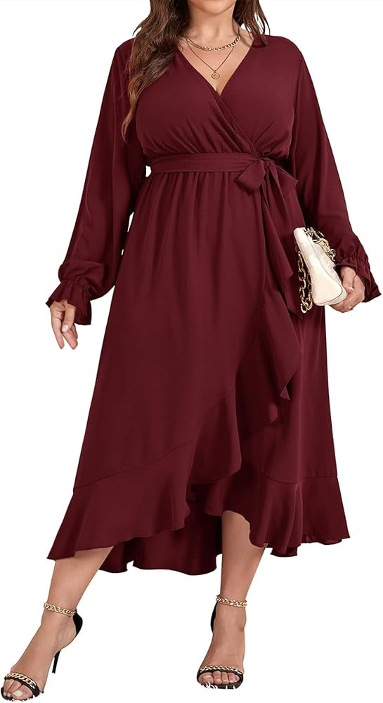 SCOMCHIC Women Plus Size Wedding Guest Maxi Dress Long Sleeve Wrap V Neck High Low Split Ruffle C... | Amazon (US)