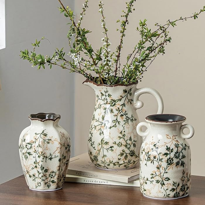 Ceramic Vases Set of 3, Green & Beige Chinoiserie Flower Pitcher Vase, Farmhouse Vintage Floral V... | Amazon (CA)