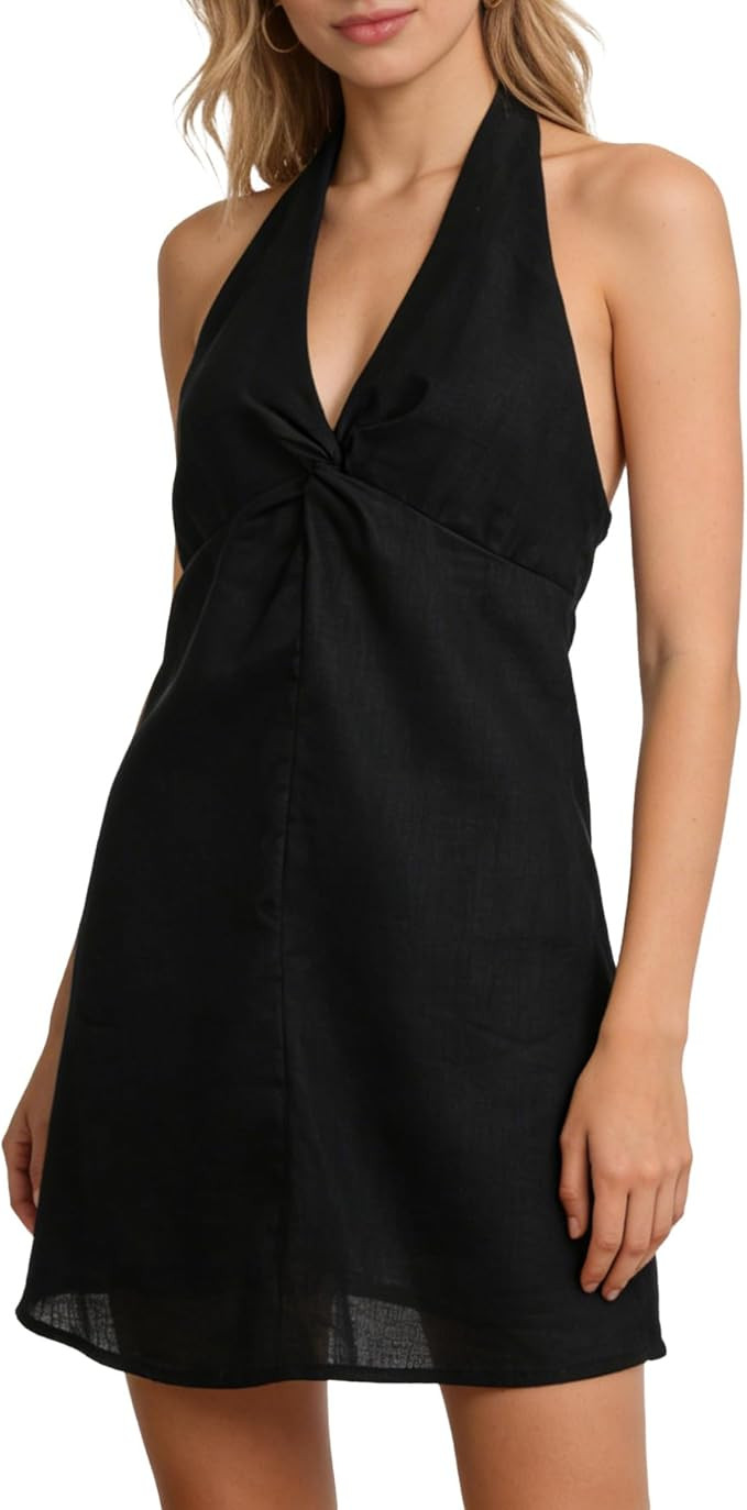Womens 100% Linen Halter Tie Mini Dress Summer V Neck Backless Dresses | Amazon (US)