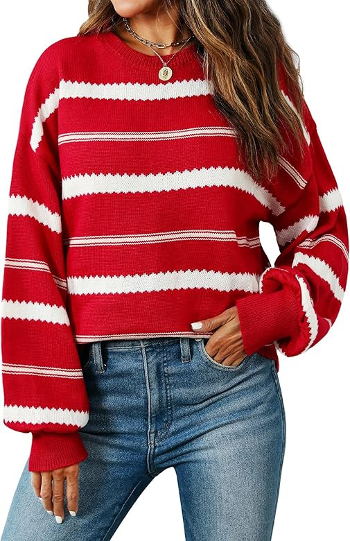 GAMISS Women's Striped Sweater Color Block Knit Crew Neck Loose Long Sleeve Pullover Sweater | Amazon (US)