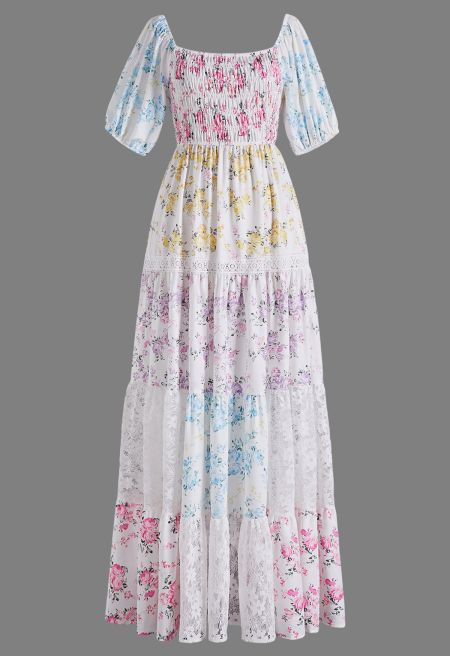 Delicate Floral Lace Panel Puff Sleeve Shirred Maxi Dress for Seaside Vacations & Romantic Getawa... | Chicwish